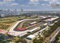 Aerial CGI view of the Adelaide MotoGP circuit in Victoria Park, including the pit straight, pit building, grandstands and run-off areas.