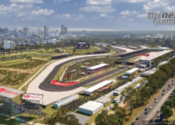 Aerial CGI view of the Adelaide MotoGP circuit in Victoria Park, including the pit straight, pit building, grandstands and run-off areas.
