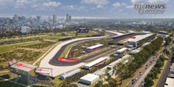 Aerial CGI view of the Adelaide MotoGP circuit in Victoria Park, including the pit straight, pit building, grandstands and run-off areas.