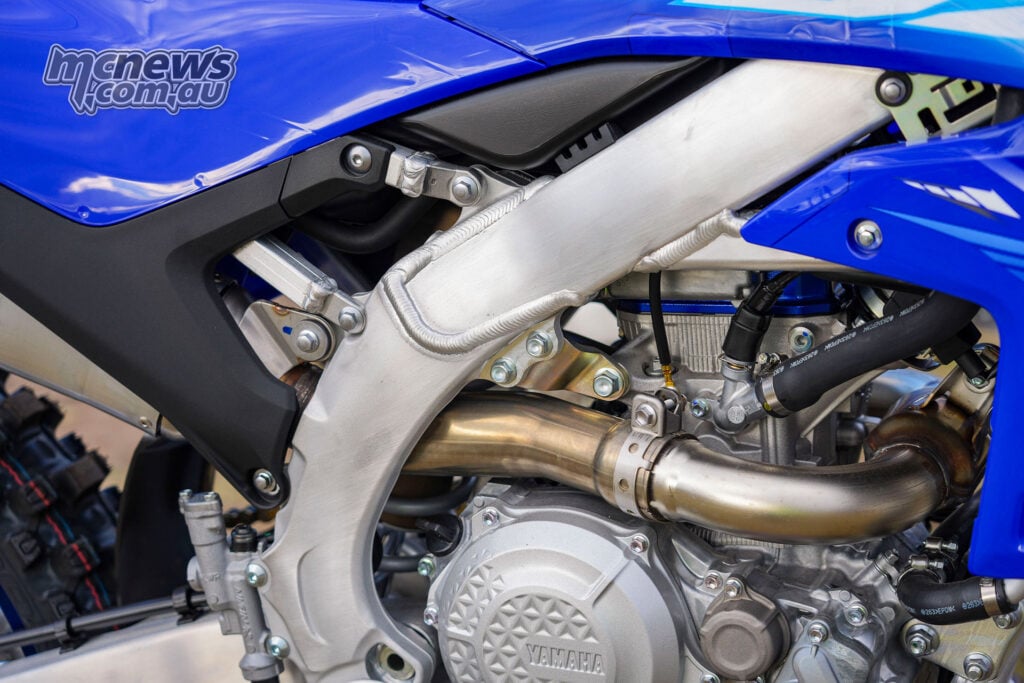 Close-up of the 2027 Yamaha YZ250F aluminium frame, engine and exhaust system