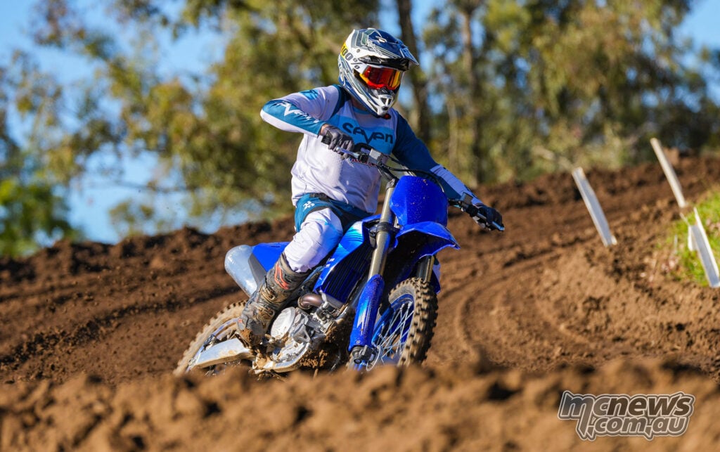 MCNews tester riding the 2027 Yamaha YZ250F through a rut at Queensland Moto Park