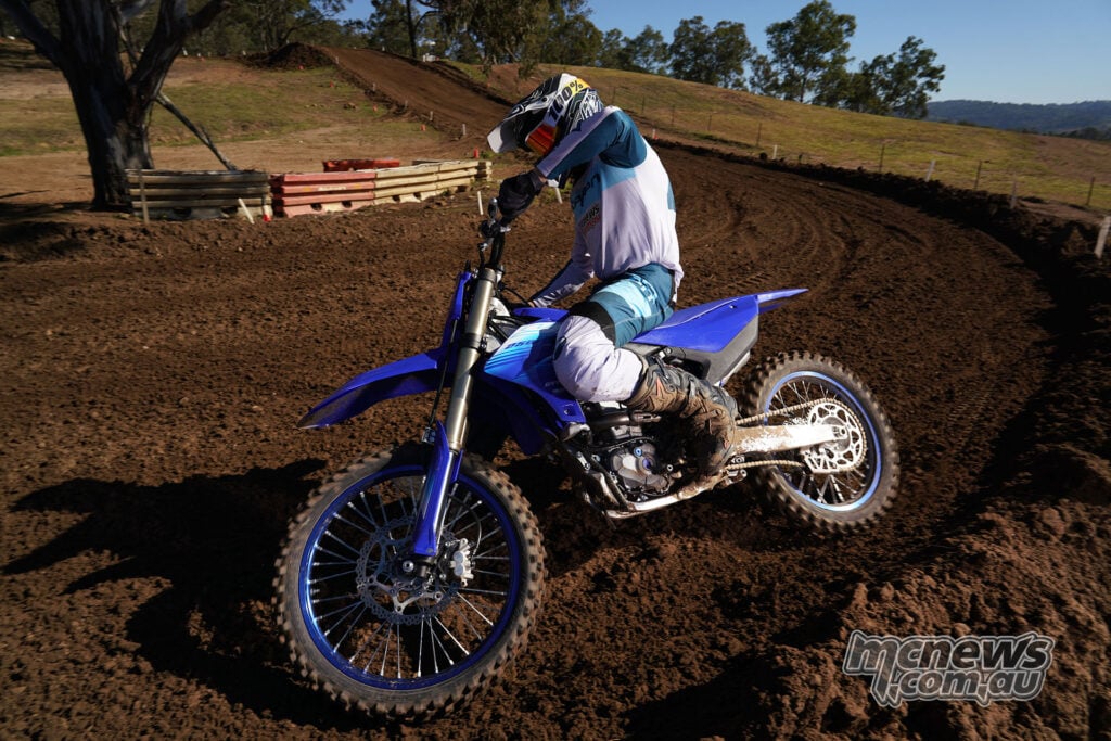 MCNews tester cornering the 2027 Yamaha YZ250F through a deep motocross rut