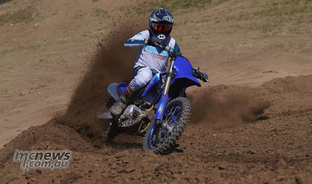 MCNews tester cornering the 2027 Yamaha YZ250F viewed from RHF