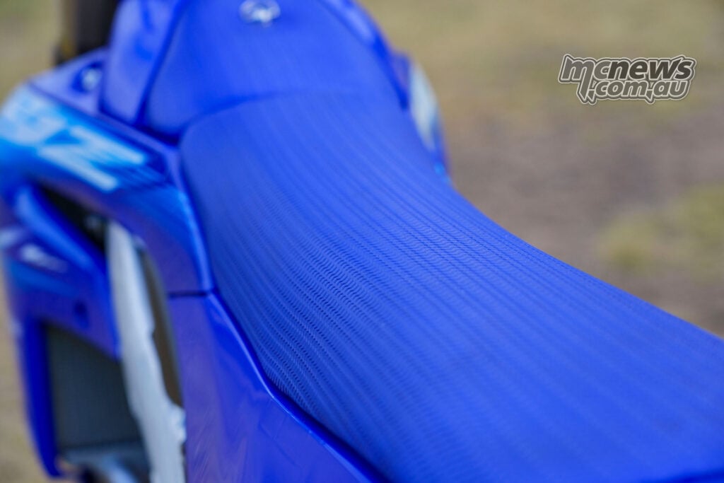 Close-up of the textured directional seat on the 2027 Yamaha YZ250F