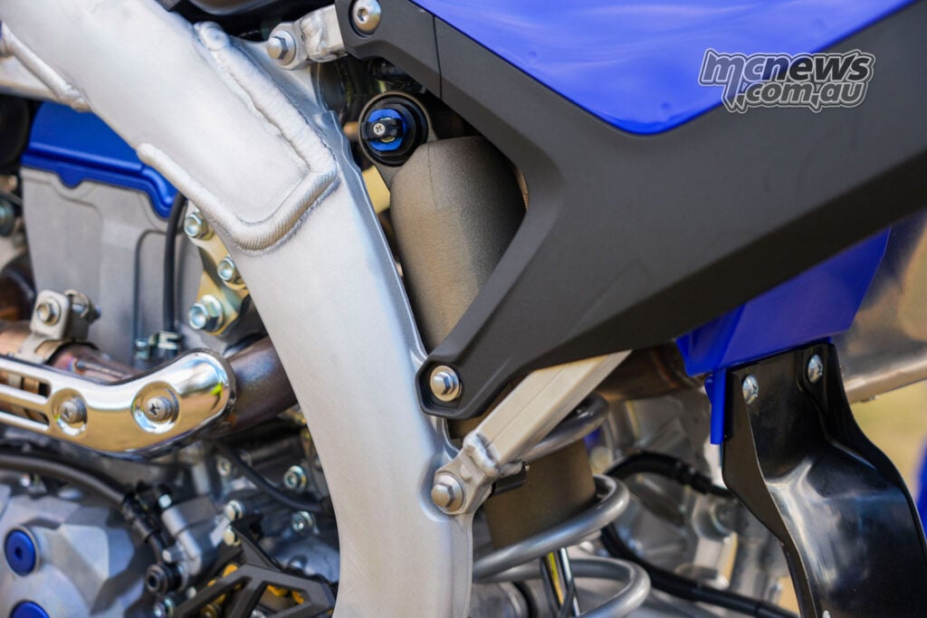 2027 Yamaha YZ250F KYB rear shock and aluminium frame detail