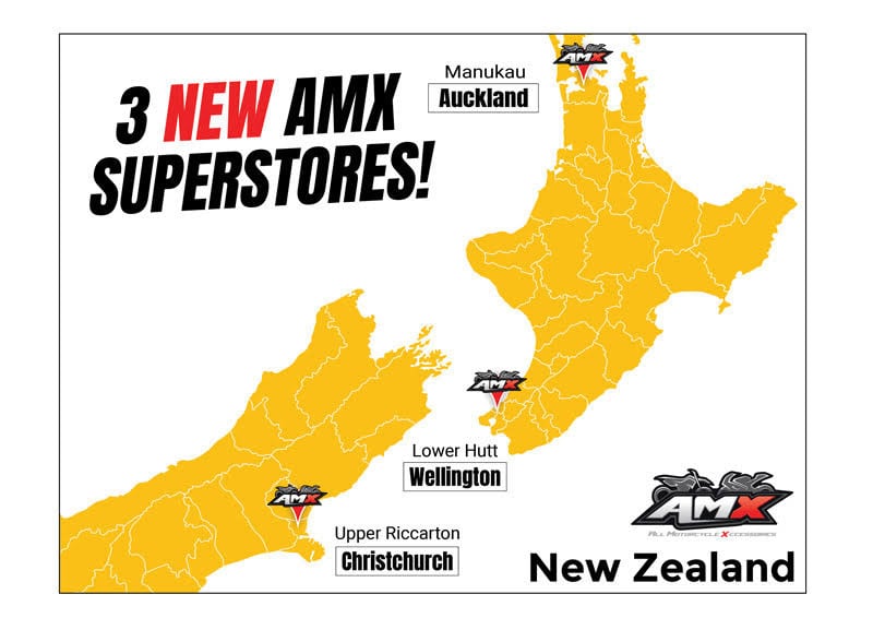 Map of New Zealand marking planned AMX superstores in Upper Riccarton, Lower Hutt and Manukau