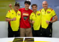 Fermín Aldeguer with Alessio Salucci, Pablo Nieto and VR46 Racing Team personnel after confirming his 2027 MotoGP move.