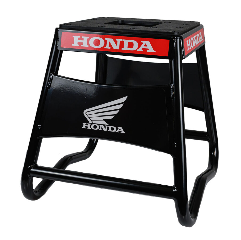 The lightweight aircraft-grade aluminium Honda MX Stand is finished in black with factory-style branding.