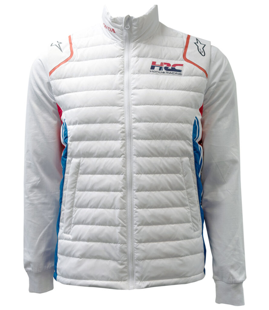 White Honda HRC puffer vest with red and blue racing accents
