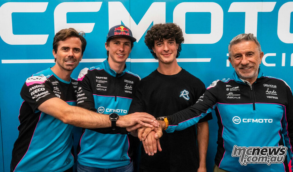 CFMOTO Aspar Team's 2027 Moto2 pairing of Máximo Quiles and Celestino Vietti pictured with team personnel.