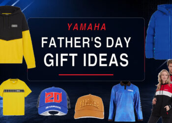 Yamaha Father’s Day Gift Ideas graphic surrounded by Yamaha hoodies, shirts, caps and a racing jacket.