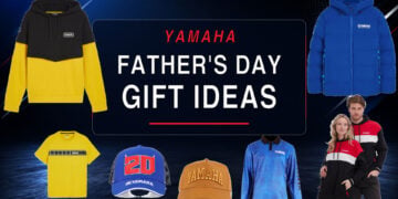Yamaha Father’s Day Gift Ideas graphic surrounded by Yamaha hoodies, shirts, caps and a racing jacket.