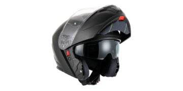 Matt Black RXT 918 modular helmet with its chin bar raised and internal sun visor deployed
