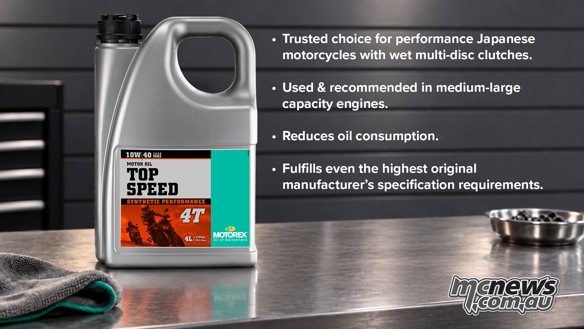 Four-litre MOTOREX Top Speed 4T 10W/40 bottle beside promotional text about wet-clutch applications, oil consumption and manufacturer requirements.