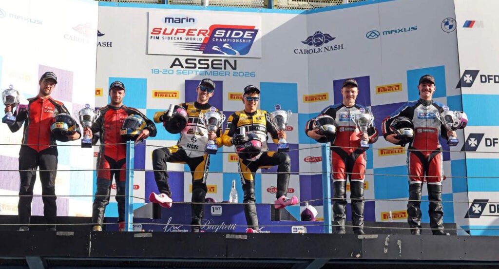 Payne and Rousseau on the top step of the Assen podium, flanked by the Christie brothers and Blackstock and Lawrence.