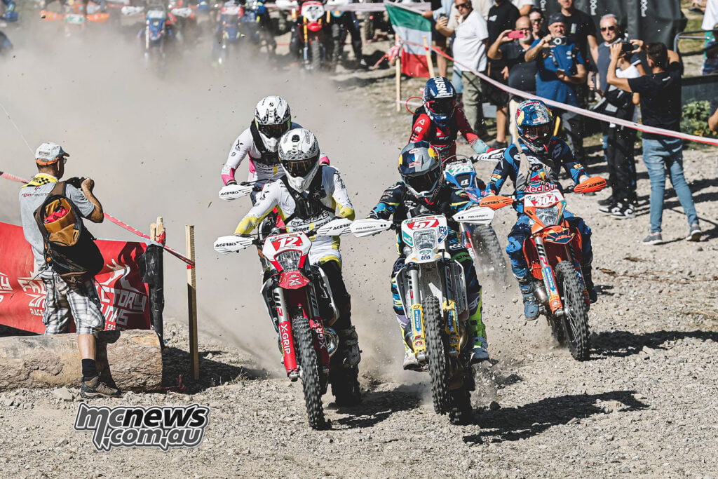 Mitch Brightmore (#12), Billy Bolt (#57) and Manuel Lettenbichler (#304) fight through a crowded rocky section at Abestone.