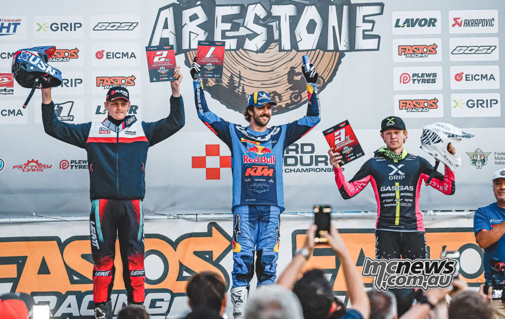 James Moore (P2), Manuel Lettenbichler (P1) and Ashton Brightmore (P3) celebrate on Saturday’s Gold Sprint Race podium.