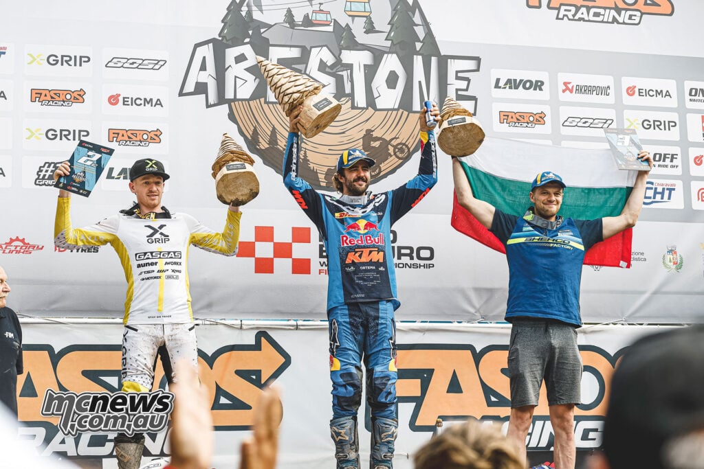 Mitch Brightmore, Manuel Lettenbichler and Teodor Kabakchiev on the 2026 Abestone Hard Enduro podium.