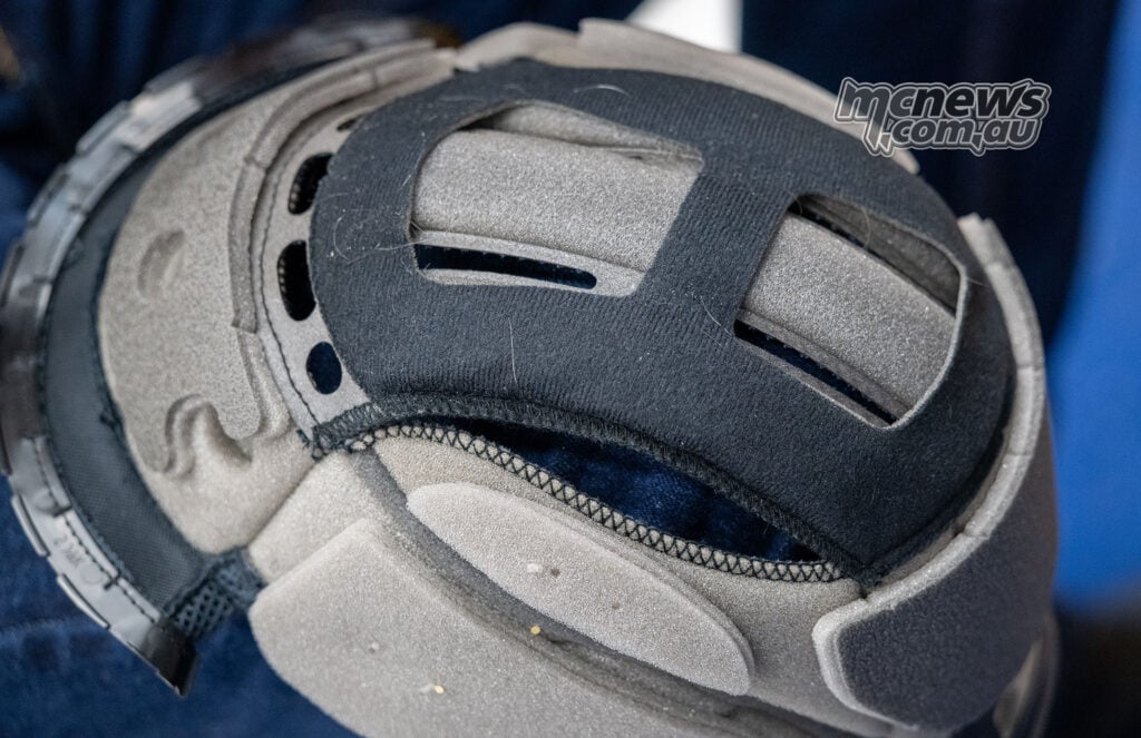 Inside of Trev’s Shoei centre liner with PFS side-area padding fitted.