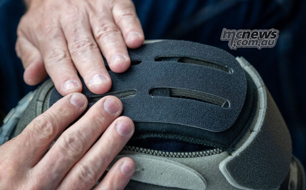 Damien Irwin pressing slotted PFS crown padding into Trev’s GT-Air 3 liner.