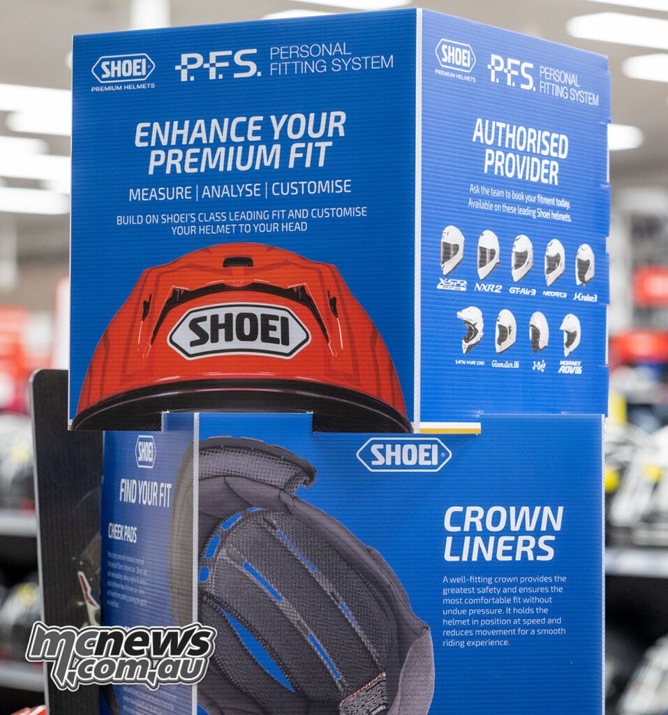 Shoei Personal Fitting System display at an authorised AMX store.