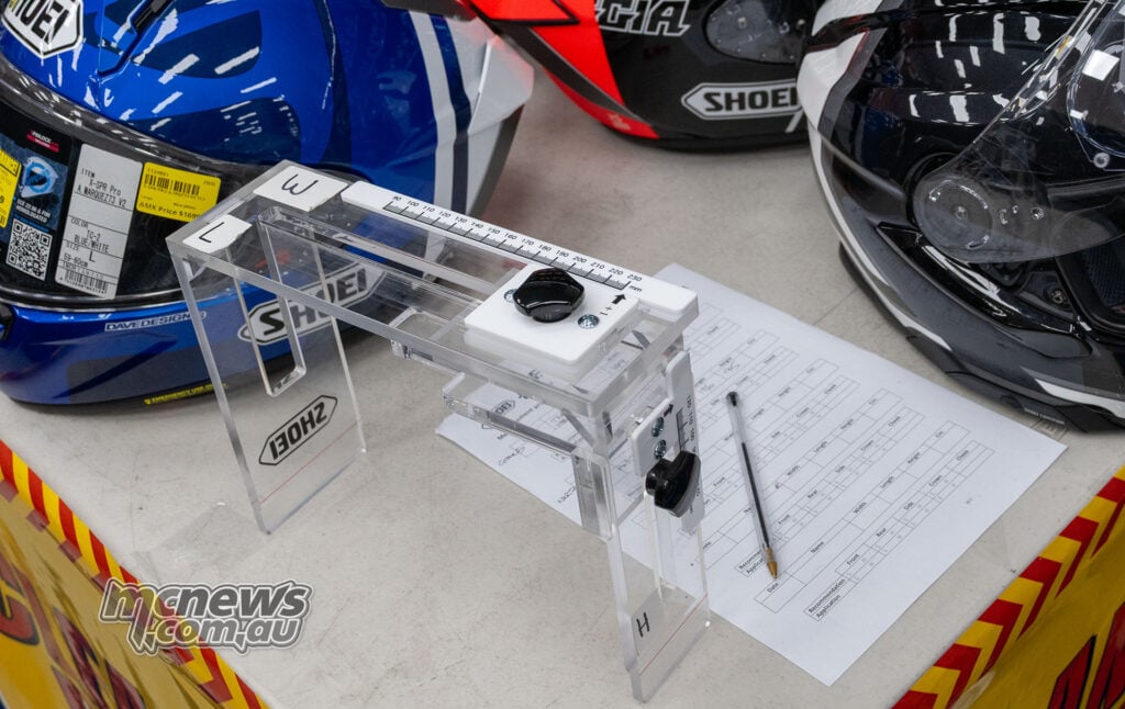 The manual PFS measuring jig and worksheet used to record head length, width and height before the figures are entered into Shoei’s software.