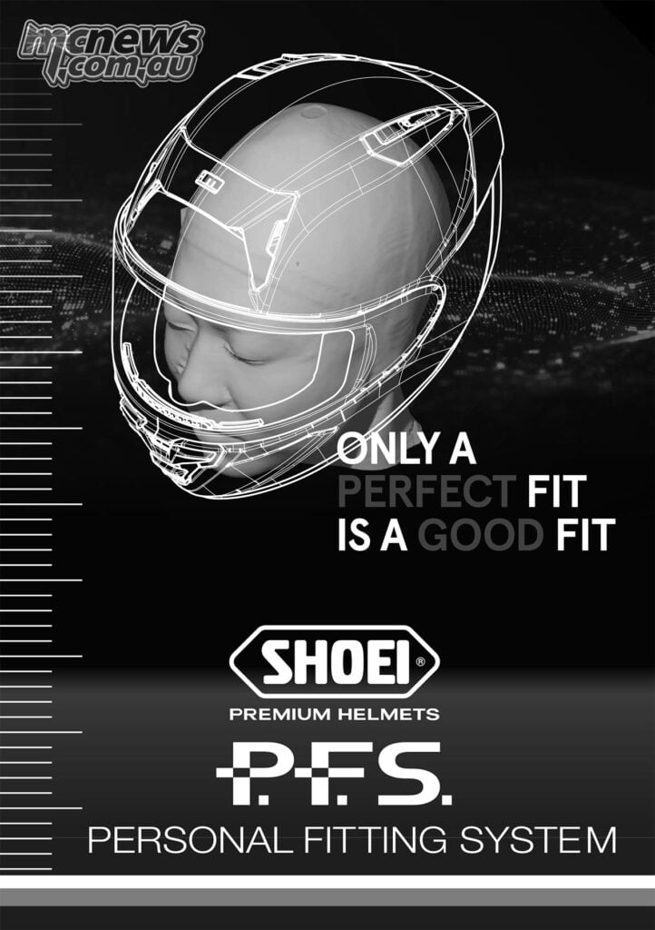 Shoei PFS graphic showing a helmet wireframe and the words Only a perfect fit is a good fit.