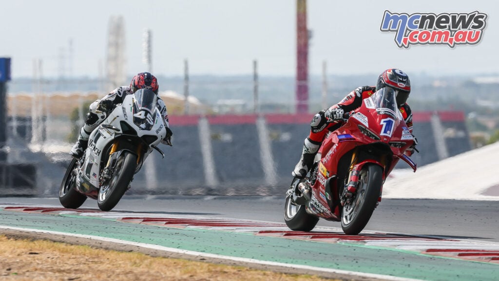 Cameron Beaubier on the red number 1 Ducati ahead of Cameron Petersen’s white Ducati at COTA.