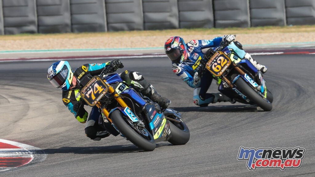Bryce Kornbau on the number 74 Yamaha leads Andy DiBrino’s number 62 Yamaha through a COTA corner.