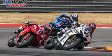 Cameron Petersen on the white number 45 Ducati ahead of Cameron Beaubier and Bobby Fong at COTA.