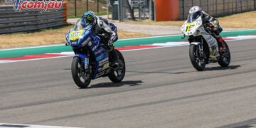 Sam Drane on the blue number 59 Talent Cup machine ahead of Nathan Gouker on the white number 19 at COTA.