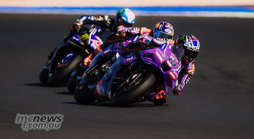 Jack Miller leads Toprak Razgatlioglu and Alex Rins through a corner on their Yamahas at Misano.