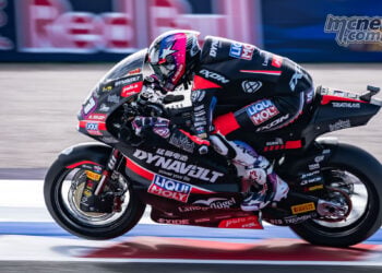 Senna Agius riding his Intact GP Kalex past the kerbing during Moto2 qualifying at Misano.