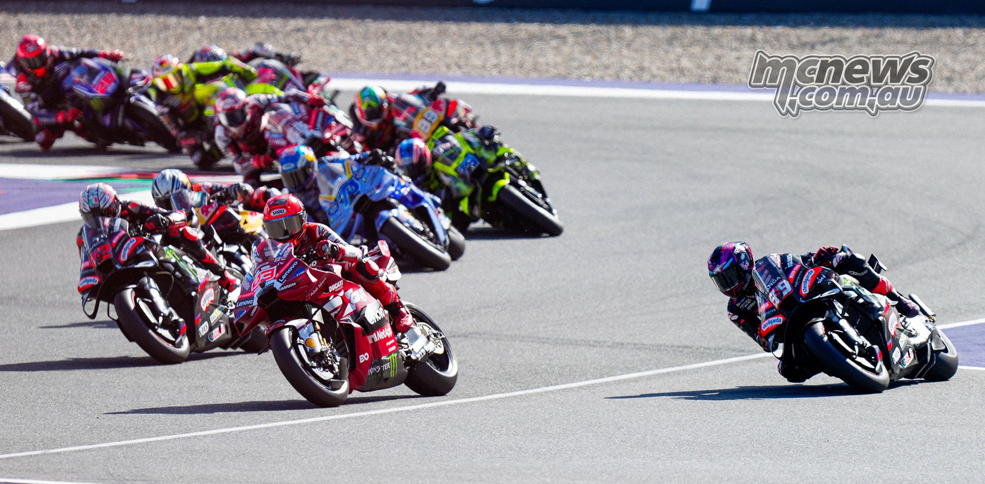Jorge Martin runs wide of the pursuing MotoGP pack during the opening corners in Austria.