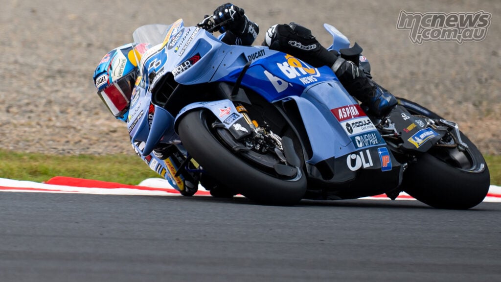 Alex Marquez leaned over on the Gresini Ducati during Friday MotoGP Practice at Mobility Resort Motegi.