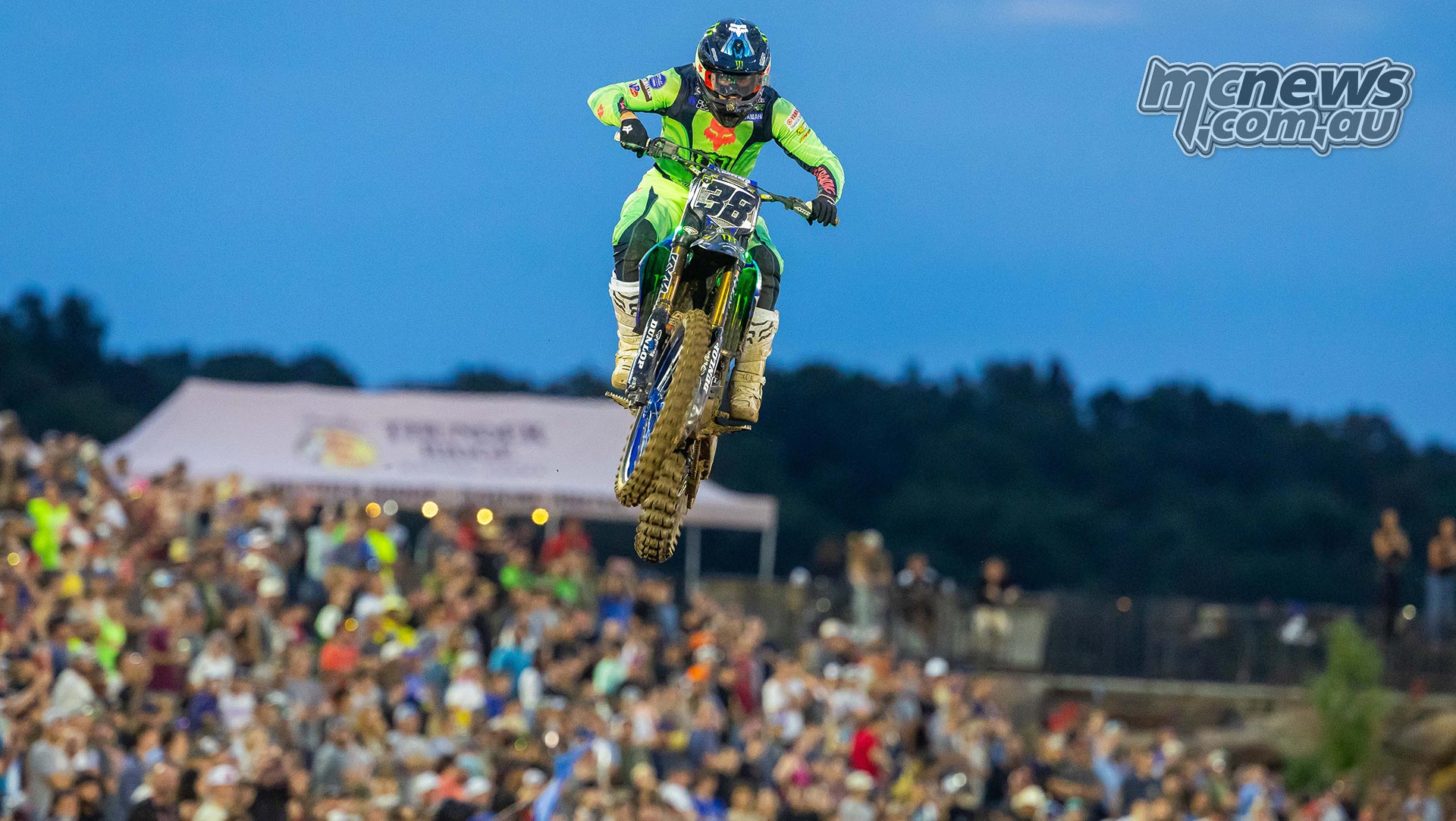 Haiden Deegan jumps his number 38 Yamaha at the SMX finale.