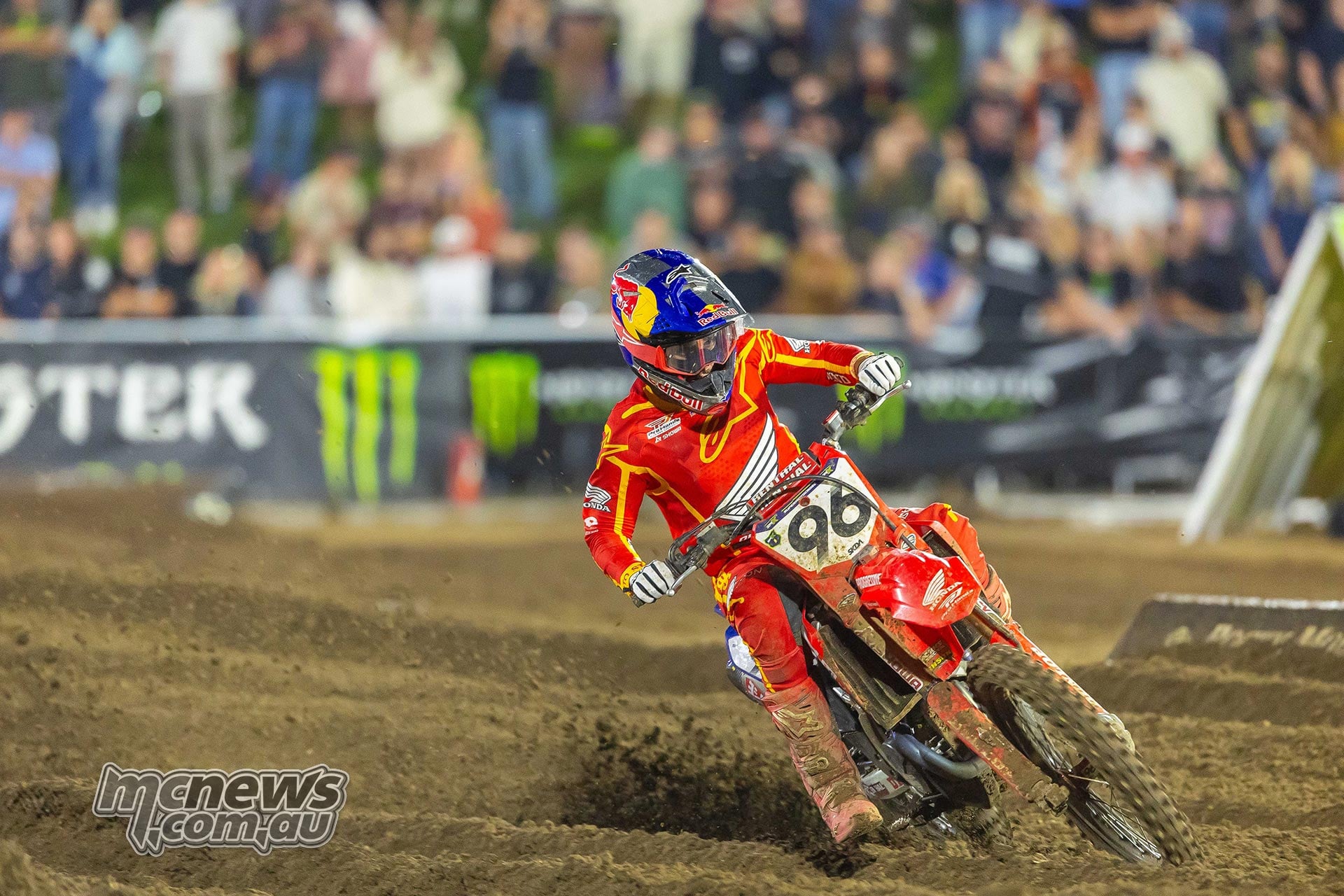 Hunter Lawrence corners his number 96 Honda through a sandy section.
