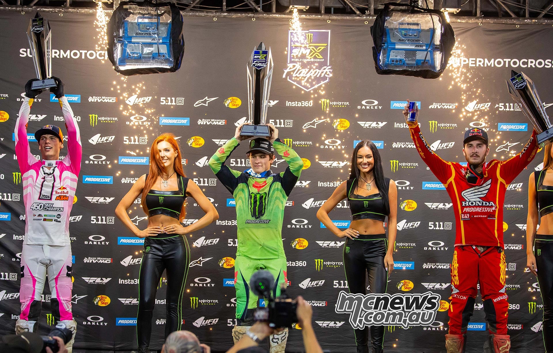 Jorge Prado, round winner Haiden Deegan and Hunter Lawrence on the 450 podium.