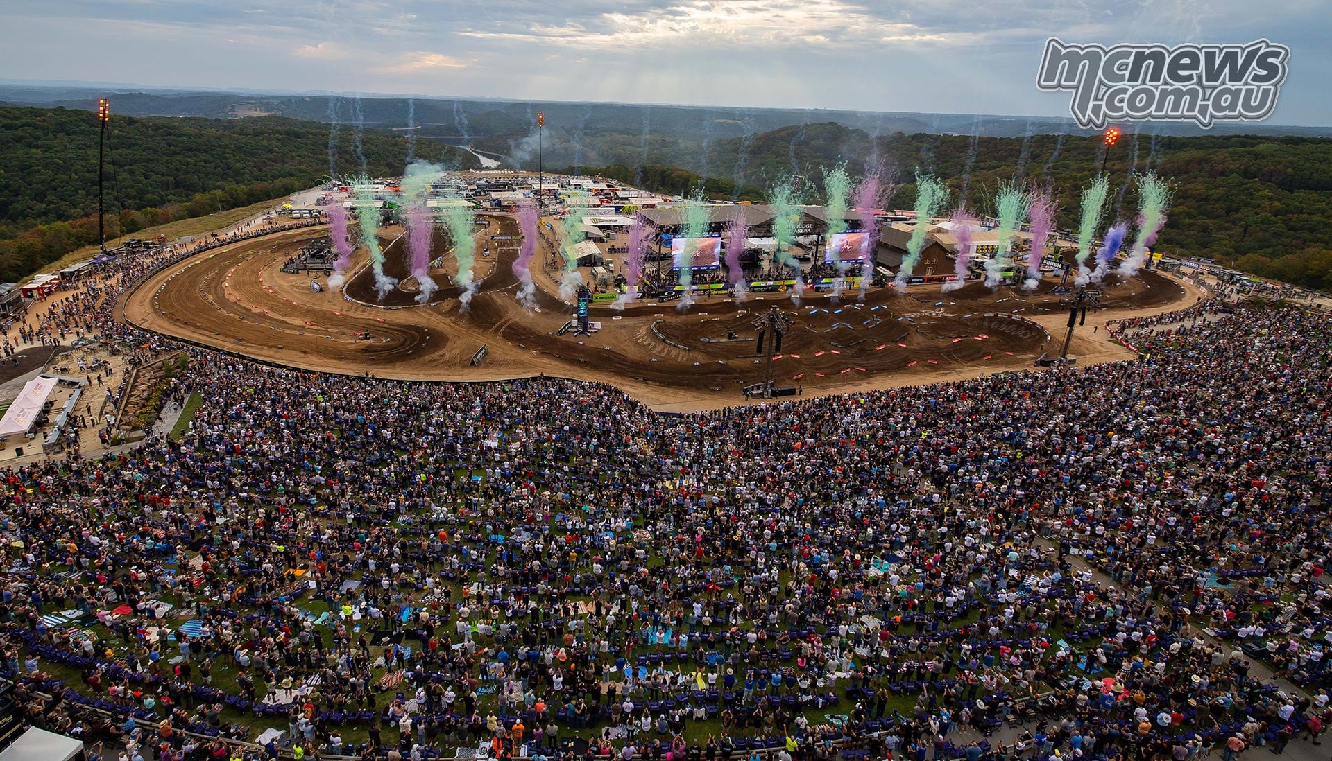 Aerial view of the circuit, crowd and pyrotechnics at Thunder Ridge Nature Arena.