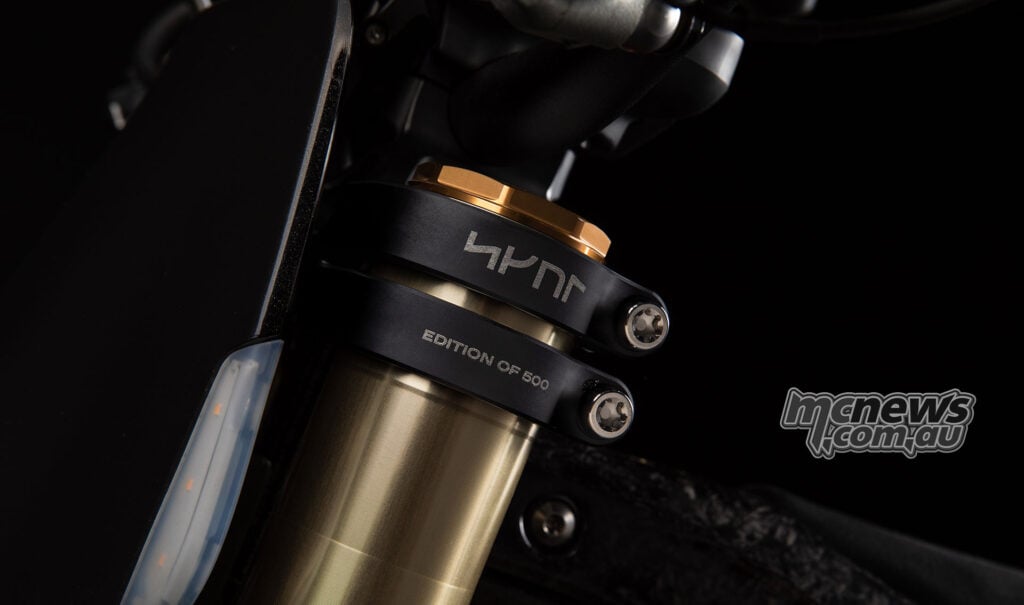 Black Stark VARG SM Sköll triple clamp engraved with stylised branding and “Edition of 500” beside a gold fork tube.