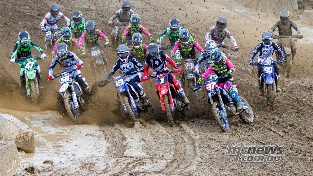 Cole Davies, Daxton Bennick, Max Vohland and Jo Shimoda lead a tightly packed group away at the second Columbus 250SMX start.