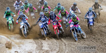 Cole Davies, Daxton Bennick, Max Vohland and Jo Shimoda lead a tightly packed group away at the second Columbus 250SMX start.