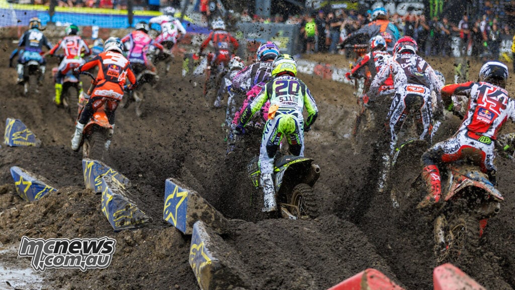 Jordon Smith, Mikkel Haarup and Dylan Ferrandis ride through flying mud among the 450 pack at Columbus.