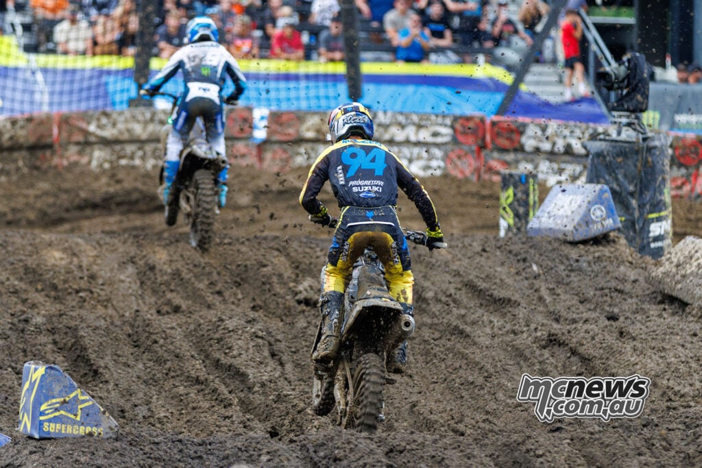 Ken Roczen follows Haiden Deegan through a muddy rhythm section during the second 450 moto at Columbus.