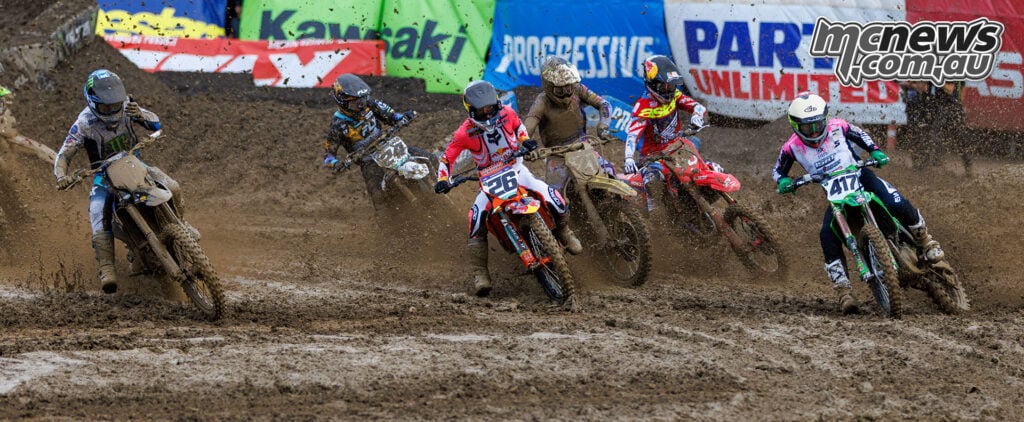 Haiden Deegan leads the muddy 450 start at Columbus, with Jorge Prado and Cornelius Tøndel close behind.
