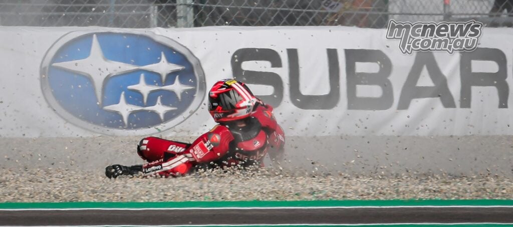 Nicolo Bulega in the gravel after crashing his Aruba.it Racing Ducati during Friday practice at Cremona.