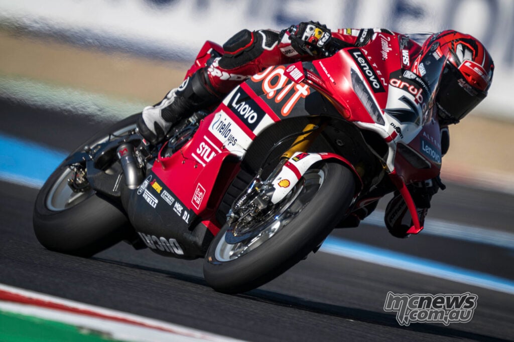 Iker Lecuona corners on the red number 7 Aruba.it Racing Ducati during Friday practice at Magny-Cours.