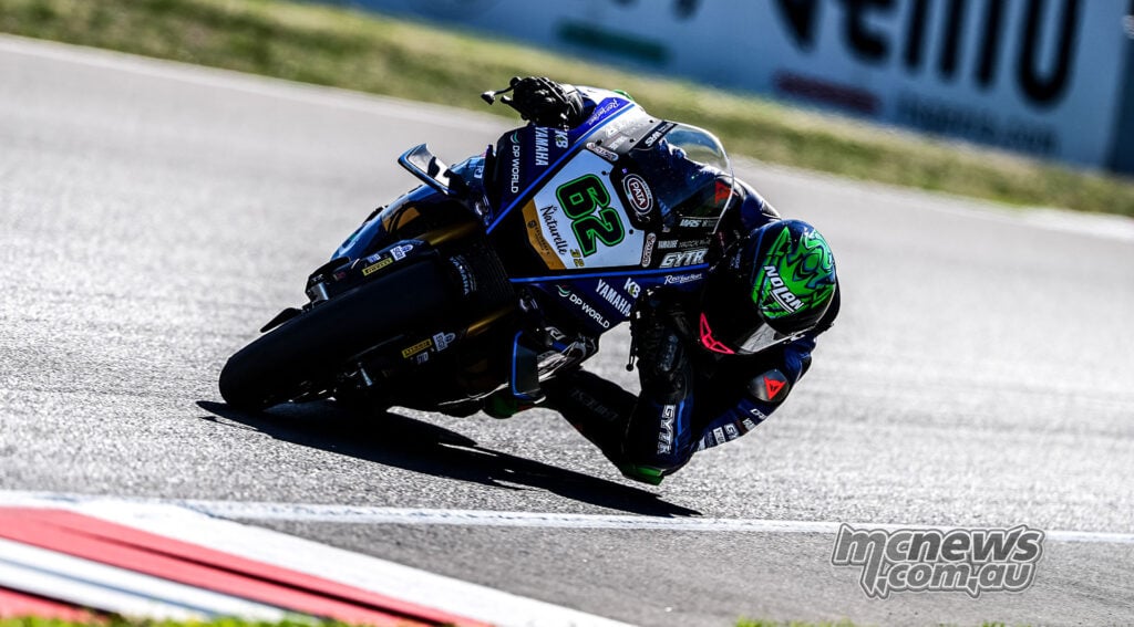Stefano Manzi leans the dark blue number 62 GYTR GRT Yamaha through a corner at Magny-Cours.