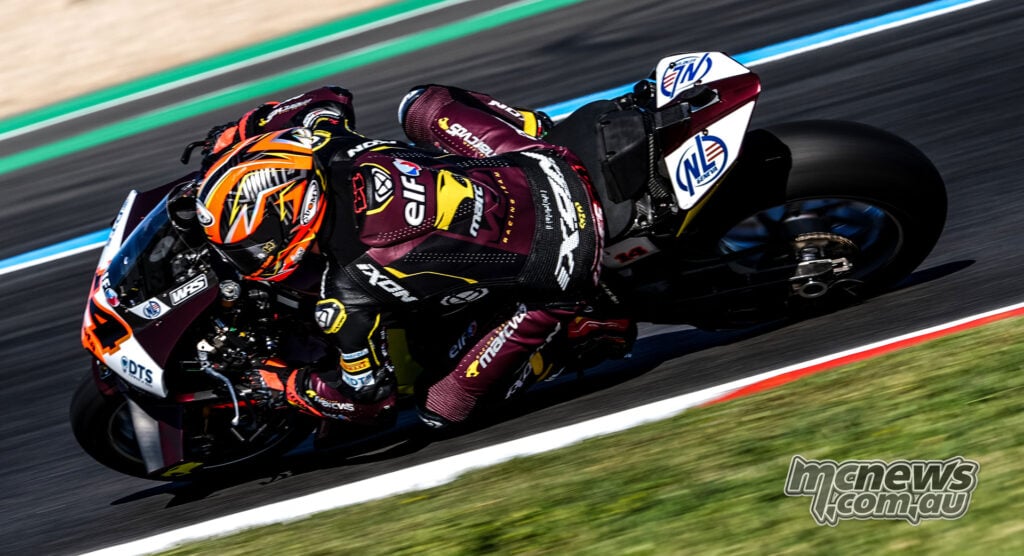 Sam Lowes leans the number 14 ELF Marc VDS Ducati through a corner at Magny-Cours.