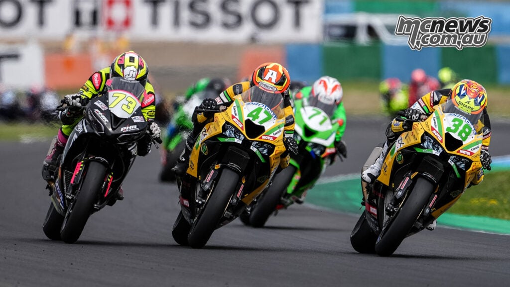 David Salvador on the number 38 Kawasaki leads Antonio Torres and Fenton Seabright during WorldSPB Race 1.